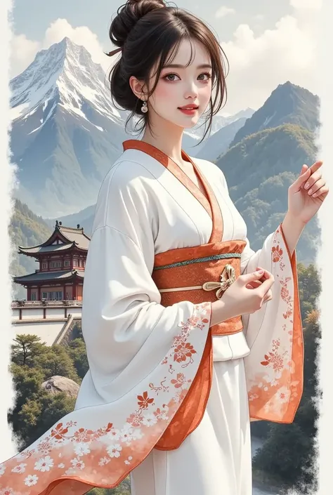 intense ink painting、A woman in a kimono is standing on the ground with mountains in the background、palace、Girl in Hanfu、Japanese painting style、Japanese goddesses、Beautiful anime woman、Beautiful Portraits、 beautiful fantasy empress 、Beautiful anime girl、B...