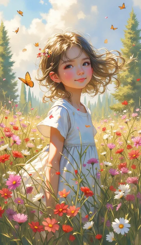 Create watercolor splash art style. A cute fair girl. Flying low in the flower field. Beautiful flower field with various attractive colors. Calm and comfortable facial reactions. Green trees, mysterious forest with special flower fields. Wind blowing, flo...