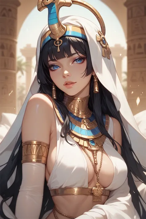 Black haired woman, blue eyes, Egyptian Priestess