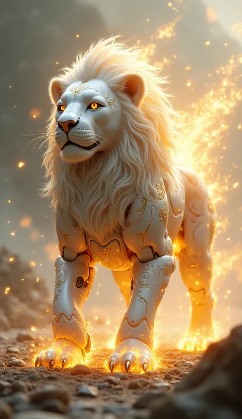 A white and gold lion robot with divine designs on its body and golden flames coming out of its body is walking.