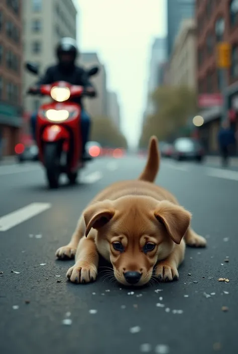  the puppy gets hit by a fast passing motorbike .