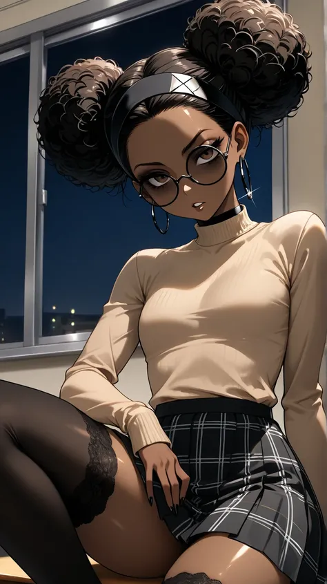 1Girl, Mature, Ebony, African American, Dark Skin, Jet Black Hair, Afro, Double Bun, Shiny Hair, Bright Brown Eyes, Black Nails, Dark Brown Eye Shadow, Medium Chest, Brown Turtleneck Shirt, Black Circular Glasses , Black Plaid Skirt, Black High-Thigh Socks...