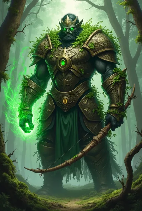 The forest guardian, wearing hard armor,has vine around the armor,green glow eyes,left hand has green glowing aura,right hand holding wooden bow