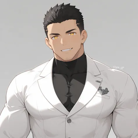 anime characters：Gyee, Young Muscle Sports Teacher, Upper body, Manliness, He wears a fancy suit, The inside is paired with a black turtleneck tights, Very tight, muscular male, muscular, only, Upper body, White short hair, Thick eyebrows, stubble, Yellow ...