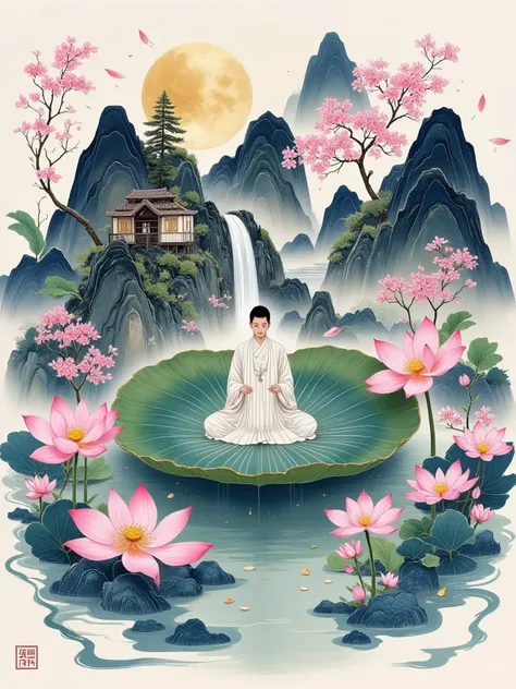 Fluid ink，, and a microscopic world floats on a huge lotus leaf，There are plum blossoms inside 、pine，Cozy cottage，Mountain creek ， glowing waterfall ，A monk meditates，cure，Zen，Buddhist，Aesthetic，Simplicity， with clean white background ，Flowing silk