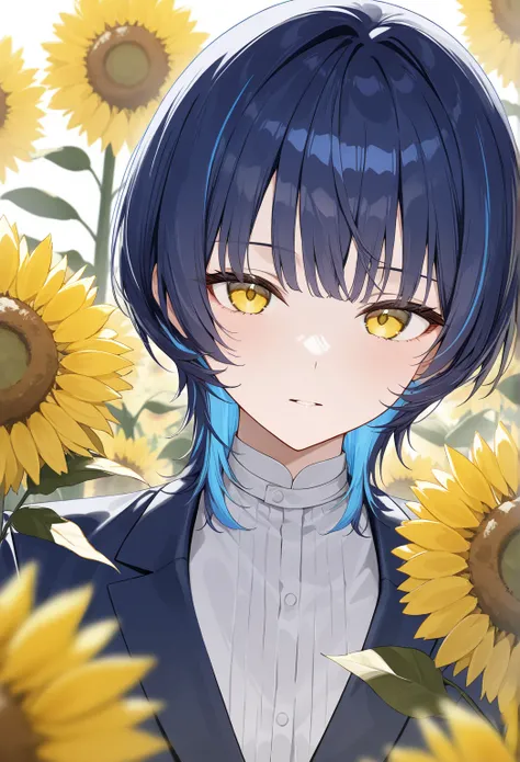 1 neutral,short wolf cut,Navy blue hair, elegant, yellow eyes, and stare at the viewer, have sunflowers ,