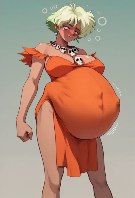 retro artstyle, 1990s \(style\), dark skin, short hair, green hair, blue eyes, ((Belly Stuffed)), ((Huge Belly)), ((Very drunk)), ((Staggers)), (Tight clothes), necklace, orange swimsuit, pelvic curtain, skull, big breasts, earrings,