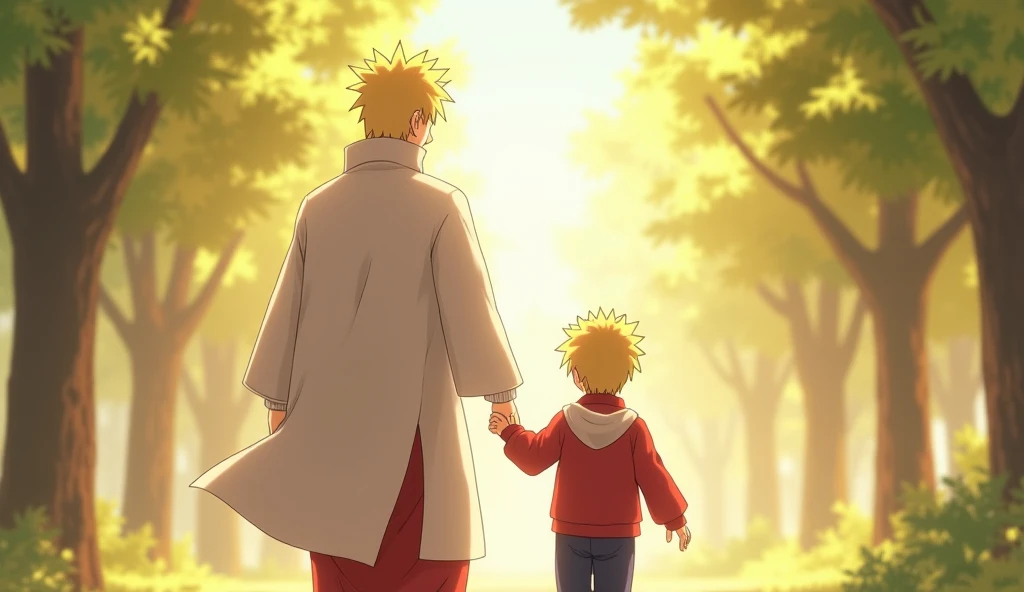 leptop homescreen wallpaper of minato as father and naruto as son, naruto is very young that he only learn to walk and both are walking, naruto holding the finger of his father minato who wears white cloths of hokage and both are going forward and picture ...