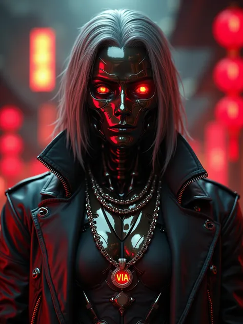 Agent Via, robot skeleton, highest quality, A dark cyberpunk world、1 male (dark cyberpunk world, male Robot, Gray on sharp facial structure, human like, metallic hair, highest quality, cyberpunk from pirate island, high quality, sharp moon eyes vivid Shiny...