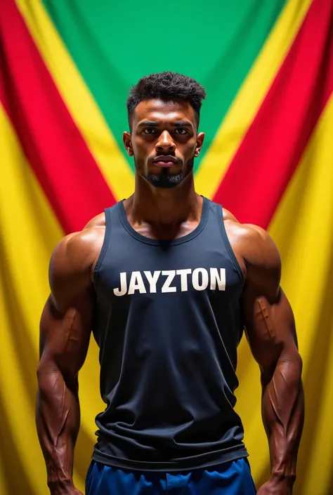 A Ni-Vanuatu bodybuilder wearing a shirt with the name Jayzton written in it and the background is the flag of Vanuatu 🇻🇺 