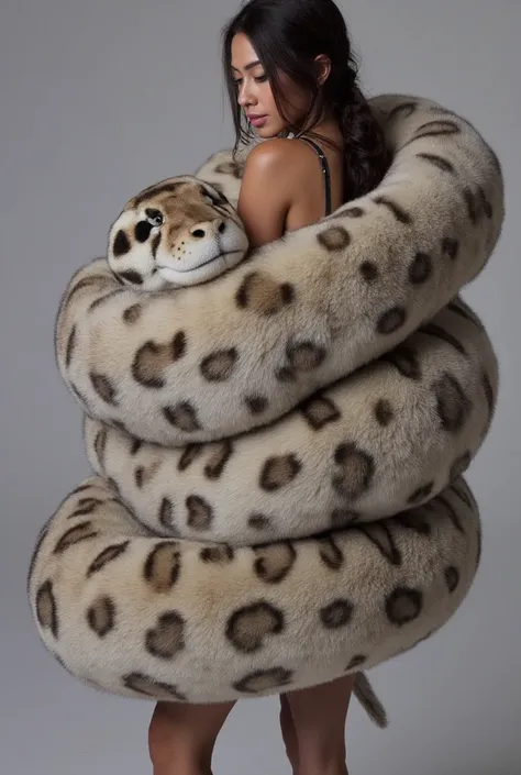 A beautiful asian lady is wrapped entirely by a huge leopard snake plushie. the plushie is coiling around her body. She is surrounded by the huge plushie around her body. She is looking at the plushie, the plushie is quite large and fluffy, occupying a sig...