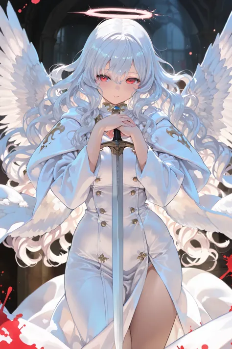 (( the best quality)), (( masterpiece)), 1 girl, (( long wavy hair )), cute red eyes , Elegant appearance , dynamic lighting , beautiful hands, detailed eyes, curvy body , medium breasted, splatter, fantasy angel, a long sword , angel, angel robe, a...