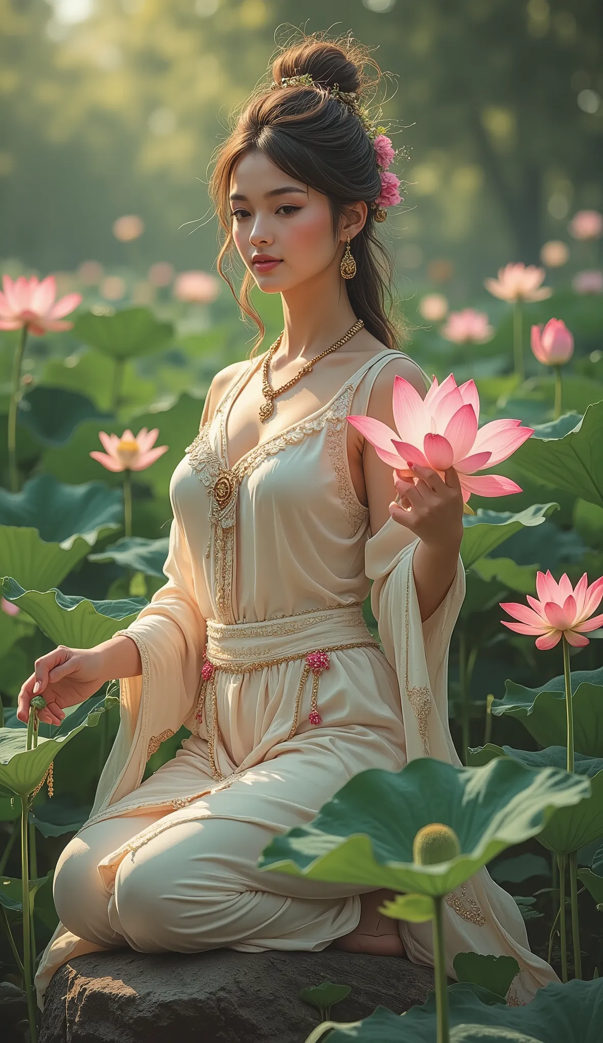 20 year old Thai girl, beautiful skin, cute, pretty, big DD cup breasts, woman sitting on a rock holding a flower, standing gracefully on a lotus, beautiful goddess, flower goddess, traditional beauty, beautiful goddess portrait, goddess of love and peace,...