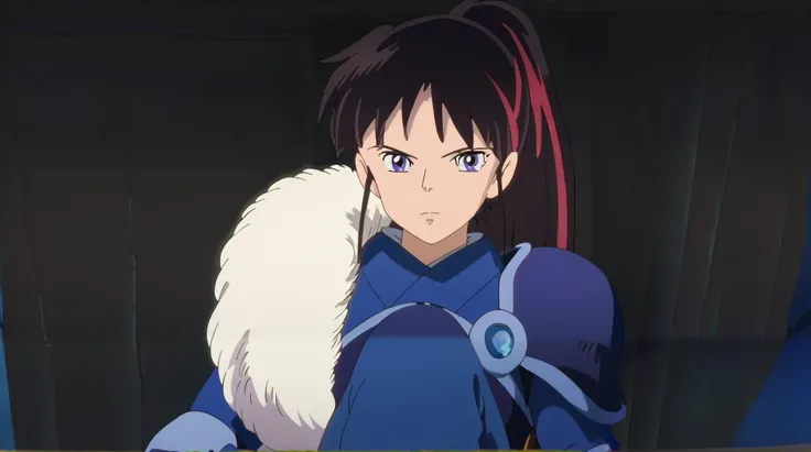 masterpiece, best quality, , anime screencap, , , looking at viewer, setsuna, 1girl, black hair, multicolored hair, ponytail, purple eyes, armor, boots, ghibli_style
