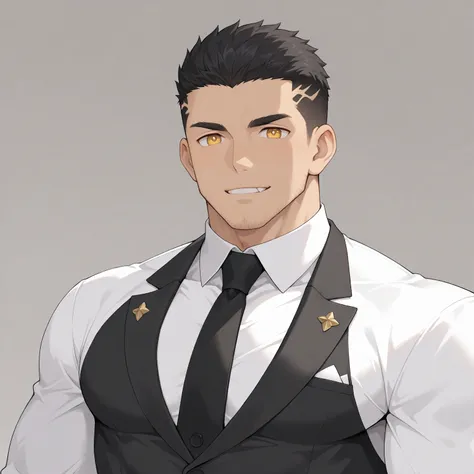 anime characters：Gyee, Young Muscle Sports Teacher, Upper body, Manliness, He wears a fancy suit, The inside is paired with a black turtleneck tights, Very tight, muscular male, muscular, only, Upper body, White short hair, Thick eyebrows, stubble, Yellow ...