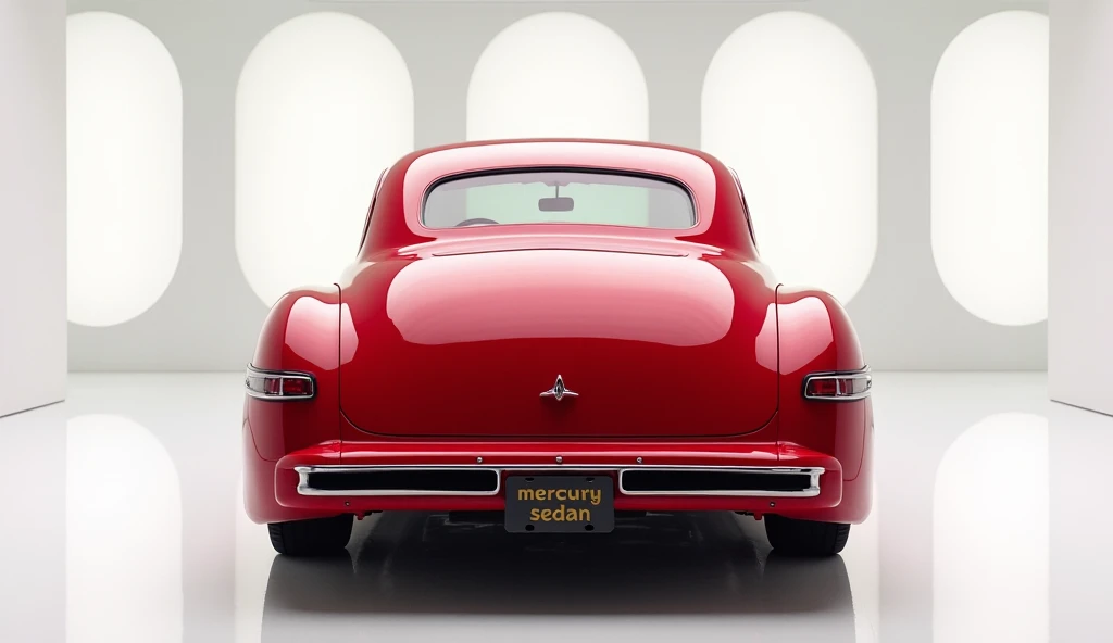  A captivating and futuristic image of the 1948 Mercury sedan is displayed in a luxurious white showroom. The car is painted in a striking vibrant red hue, emphasizing its sleek, aerodynamic design with bold accents that highlight the cutting-edge innovati...