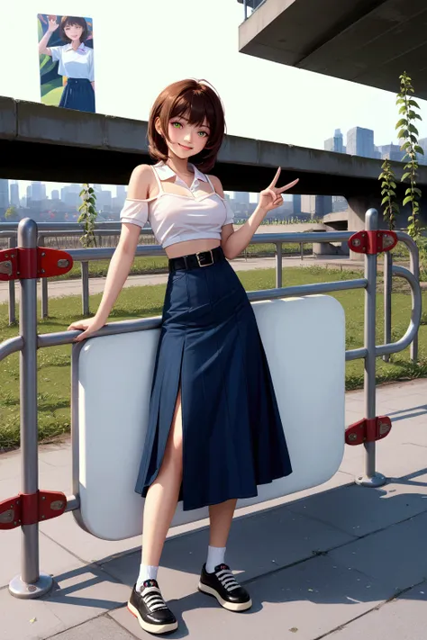 smiling beauty  woman, v sign hand, leaning against railing, city scenery, BREAK, (dark-brown shoulder-length hair), BREAK, ((white crop puff sleeves polo shirt, cold shoulder sleeves), black-blue denim long skirt with belt, white socks, black mary-jane sn...