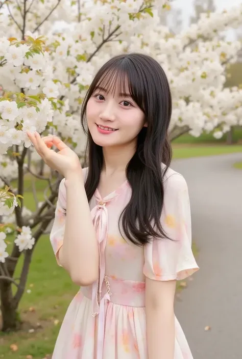 "A cute young Japanese woman with short black hair and bright brown eyes. She is wearing a pastel-colored dress with floral patterns, smiling gently. Her skin is fair and smooth, with a soft and youthful appearance. She is standing in a park during spring,...