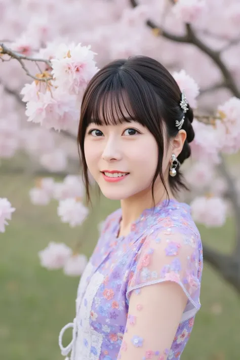 "A cute young Japanese woman with short black hair and bright brown eyes. She is wearing a pastel-colored dress with floral patterns, smiling gently. Her skin is fair and smooth, with a soft and youthful appearance. She is standing in a park during spring,...