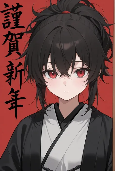 Tall, female,black messy ponytail hair,red eyes, kimono samurai 