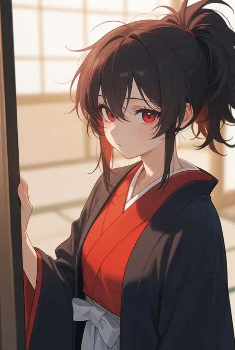 Tall, female,black messy ponytail hair,red eyes, kimono samurai 