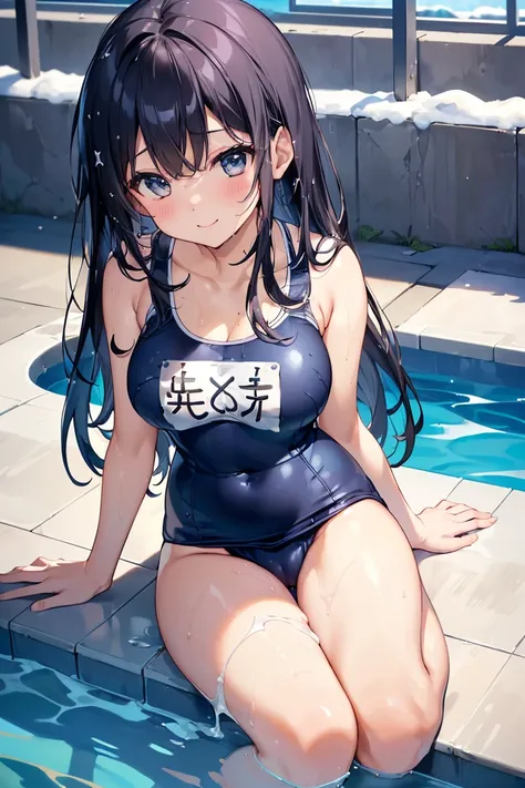 ((4K、8k、 highest quality、 perfect fingertips: 1.3、 perfect anatomy: 1.3、 Background Blur))、((、、 small 、 Cute Big Droopy Eyes 、  straight long hair 、  beautiful girl、  black hair))、((( dark blue school swimsuit :1.3)))、((( solid dark blue school swimsuit:1....