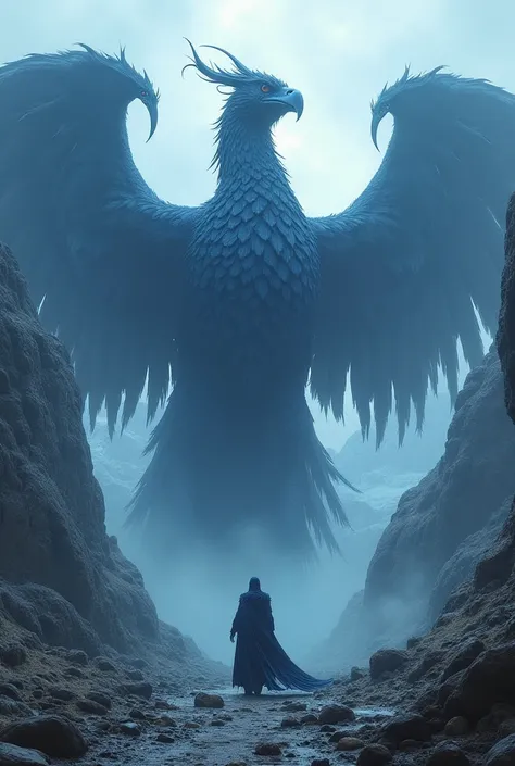  Big Dark blue creature with head of eagle and body of dragon with wings of eagle, standing in mountains, sfenk, 