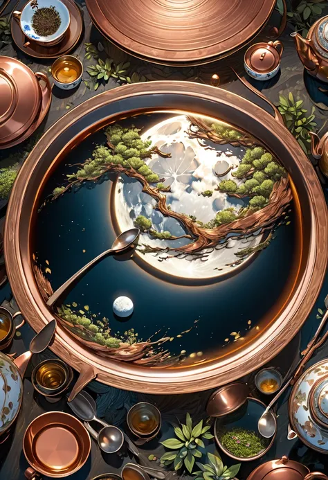 from above, a huge full moon reflected on the surface of the tea, a huge copper plated tea utensils, fantasy illustration art, ultra detailed, absolutely resolution, masterpiece