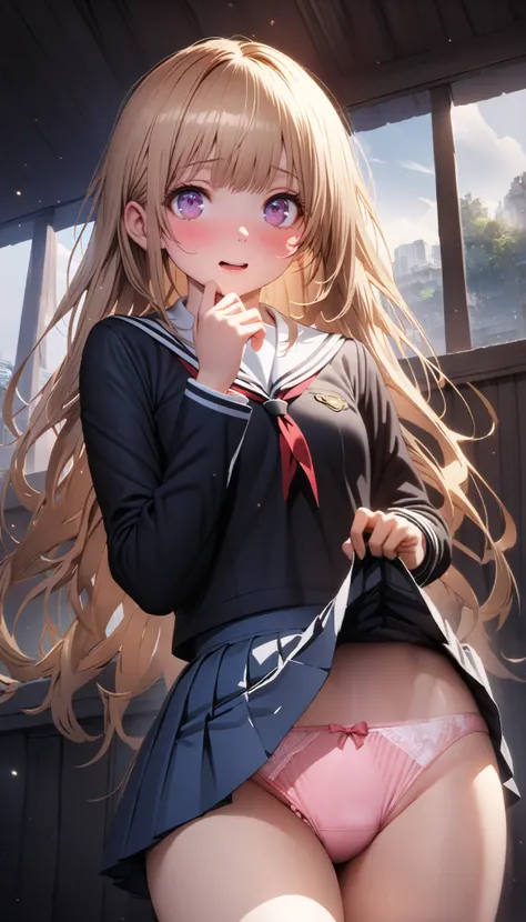 (nsfw), (((1girl))), , golden hair, long hair, cute face, purple eyes, embarrassed, ideal ratio body proportions, perfect anatomy, skindantation, curvy, from below, (flat chest), (((cute_school_uniform))), ((Close your mouth)), (((from view))), (((indoor))...