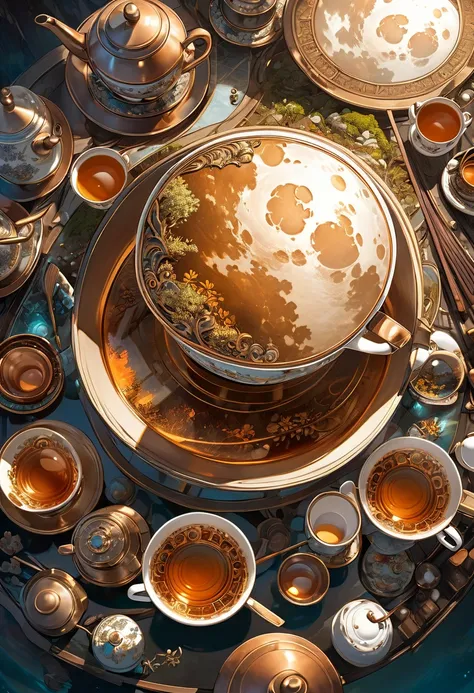 from above, a huge full moon reflected on the surface of the tea, a huge copper plated tea utensils, fantasy illustration art, ultra detailed, absolutely resolution, masterpiece