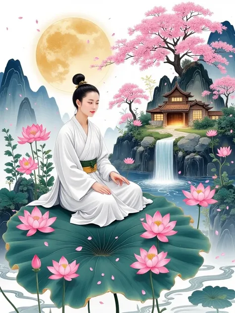 Fluid ink，, and a microscopic world floats on a huge lotus leaf，There are plum blossoms inside 、pine，Cozy cottage，Mountain creek ， glowing waterfall ，A monk meditates，cure，Zen，Buddhist，Aesthetic，Simplicity， with clean white background ，Flowing silk