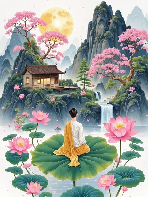 Fluid ink，, and a microscopic world floats on a huge lotus leaf，There are plum blossoms inside 、pine，Cozy cottage，Mountain creek ， glowing waterfall ，A monk meditates，cure，Zen，Buddhist，Aesthetic，Simplicity， with clean white background ，Flowing silk