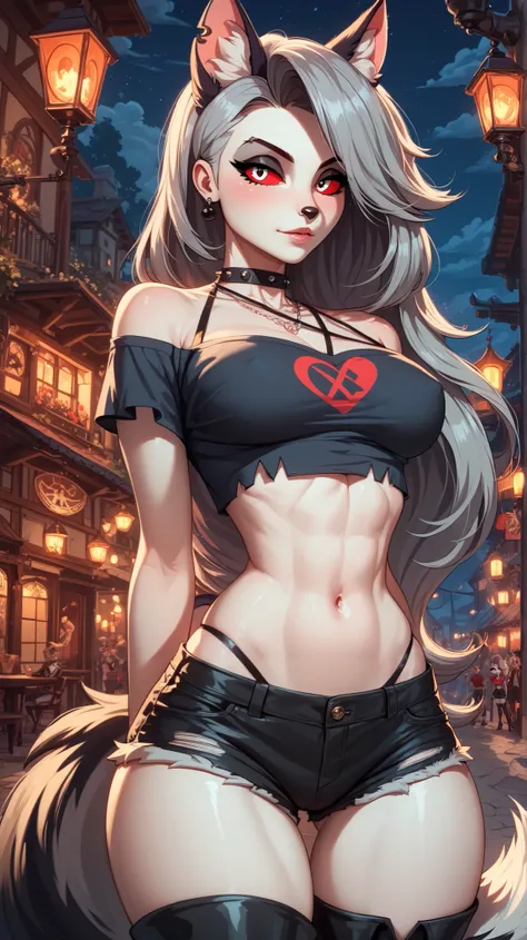 Perfect eyes, perfectly sexy face , extremely detailed, looking at the viewer , red eyes, loona, hazbin hotel, wide hips , animal ear, animal ears , animal nose, tail, shorts brancos, short shorts , thigh boots, short top, apenas_shoulder, Fantasy,...