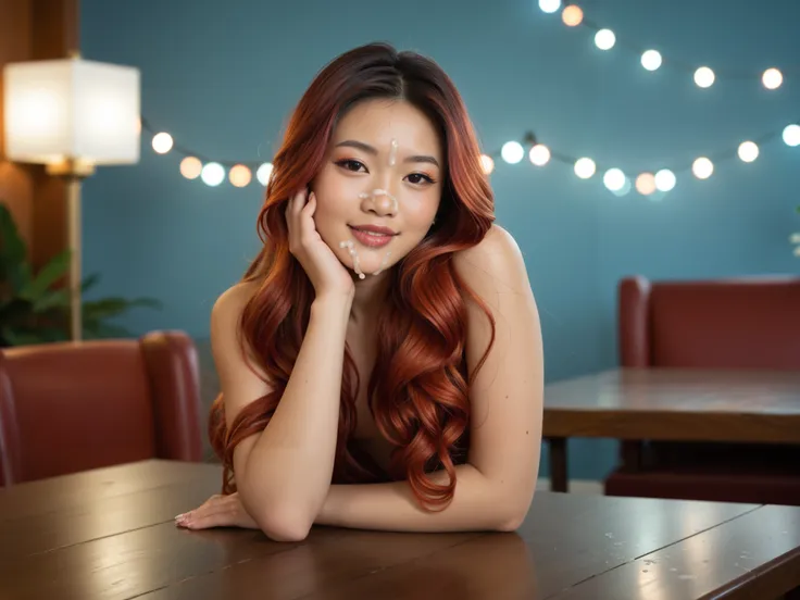Award winning Photo of a (beautiful gorgeous sexy tanned exotic (Asian:2) redhead anchorwoman sitting behind table, cum on face and hair and clothes, flowing long hair, flat_chested:1.35), naked penises on both sides of her dripping with cum, (vibrant ambi...