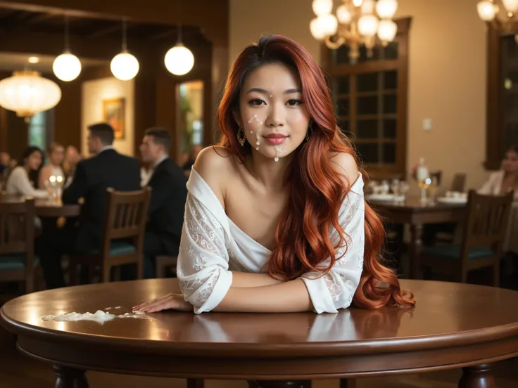 Award winning Photo of a (beautiful gorgeous sexy tanned exotic (Asian:2) redhead anchorwoman sitting behind table, cum on face and hair and clothes, flowing long hair, flat_chested:1.35), naked penises on both sides of her dripping with cum, (vibrant ambi...