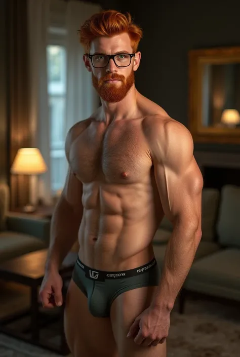 Sexy man with a perfect body,  white, redhead, beard, Green eyes in a living room, posing in underwear wearing glasses 