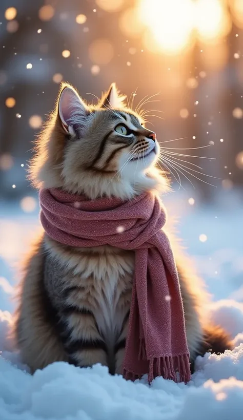 “A gorgeous, fluffy cat with shimmering fur sits gracefully in a snowy landscape, enjoying the gentle snowfall. Her eyes sparkle with wonder as delicate snowflakes land on her whiskers. Wrapped in a cozy scarf, she watches the winter scenery with a peacefu...