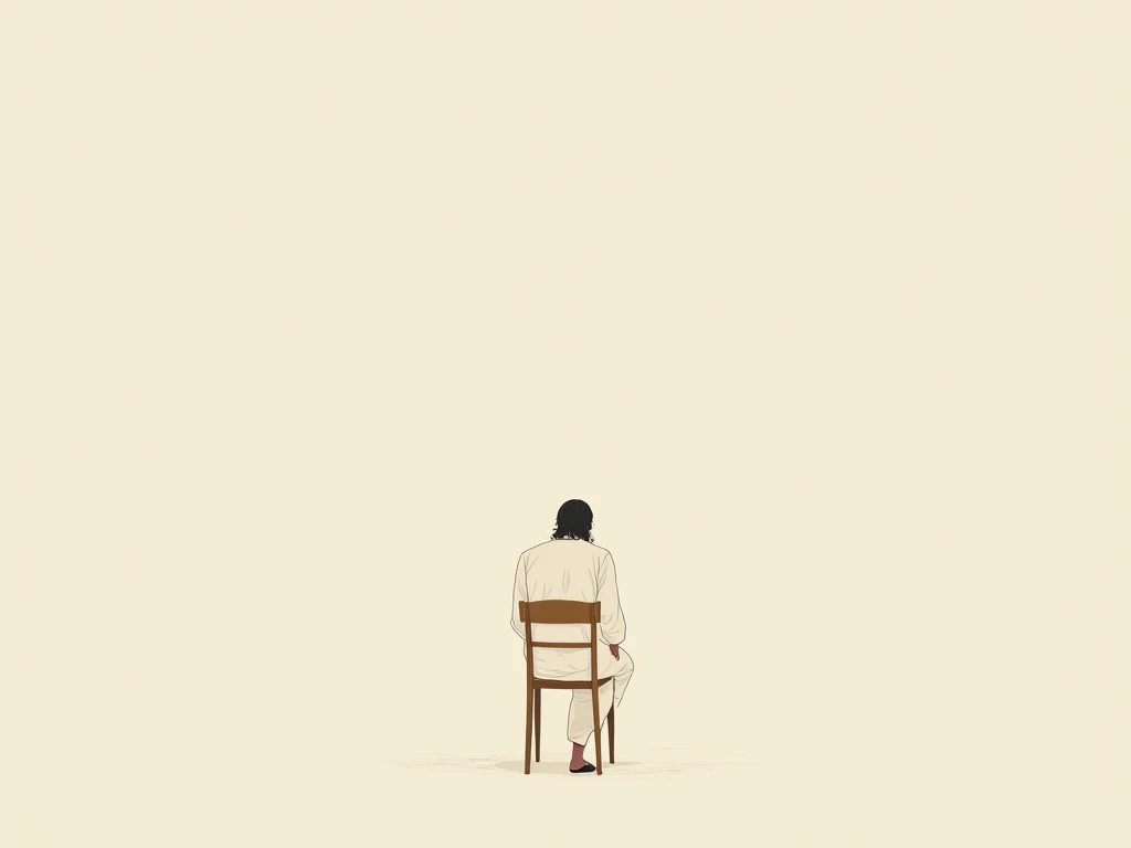 Jesus sitting alone beside other one empty chair. minimalist digital illustration with a soft, serene, and contemplative tone. minimal lines and muted colors, soft graidents and minimal detail. Focus on emotional connection rather than intricate design.Spi...