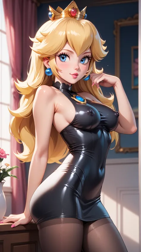 score_9, score_8_up, score_7,score_6,_up,source_real, realistic skin texture, princess peach, yellow long hair, Standing, flirting, back sexy pose, ass, thin waist, tight clothing, crown, covered nipples shape, navel shape, bare shoulders, wearing black li...