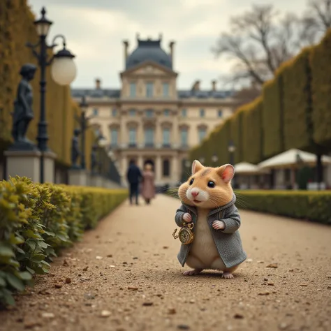 In the serene expanse of the Louvre gardens, an endearing hamster wanders, clad in a sophisticated coat that captures the air of Edwardian elegance, complemented by a small pocket watch, dangling meticulously as if marking his exploration's significant mom...