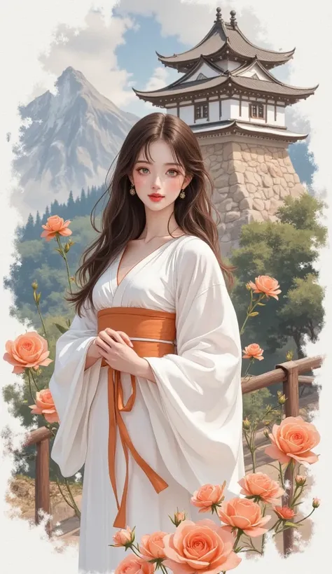 intense ink painting、A woman in a kimono is standing on the ground with mountains in the background、palace、Japanese goddesses、Brown-black long hair 、Beautiful anime woman、Beautiful Portraits、beautiful anime illustration art、 Masterpiece、 high image quality...