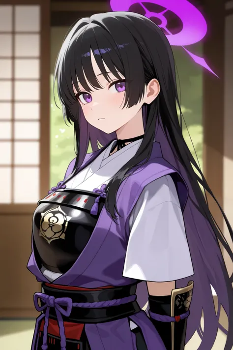 1 girl, Hair length reaches the back, Black hair and purple on the edges of the hair, purple eyes, but not bright, wear a sexy samurai outfit, หน้าอกไซส์ปานกลาง, have a purple halo