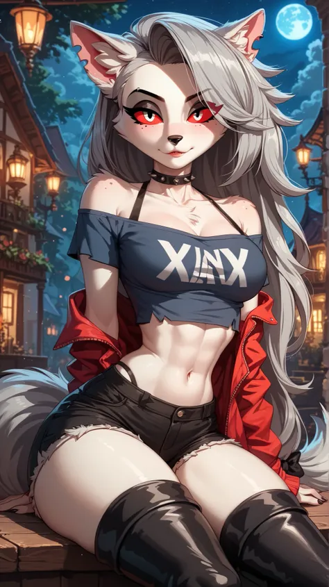 Perfect eyes, perfectly sexy face , extremely detailed, looking at the viewer , red eyes, loona, hazbin hotel, wide hips , animal ear, animal ears , animal nose, tail, shorts brancos, short shorts , thigh boots, short top, apenas_shoulder, Fantasy,...