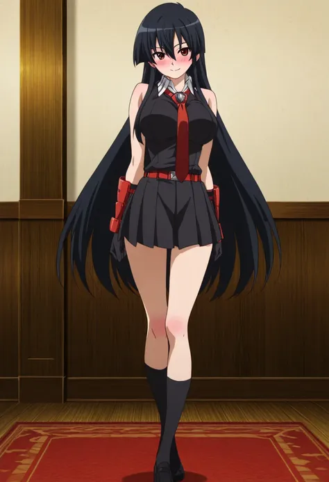 masterpiece, best quality, very aesthetic, anime screencap,1girl, solo, large breasts, blushing, looking at viewer,seductive smile, seductive pose,akame, long hair, black hair, red eyes, hair between eyes,skirt, dress, necktie, sleeveless, belt, shirt, bla...