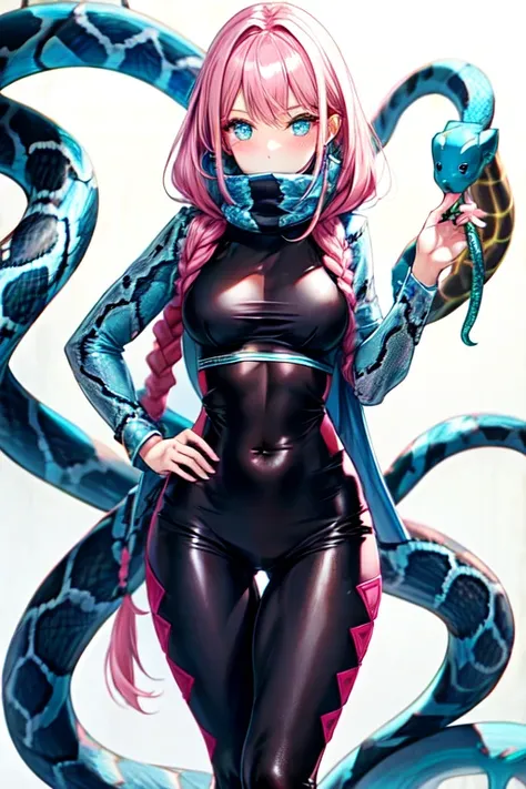 Light blue snake fashion girl, ninja girl, tight clothes, wide hips, narrow waist, Braids, pink hair, (masterpiece, best quality:1.3)