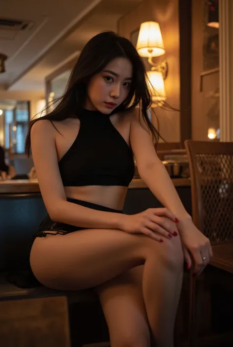 An amateur is doing his own sexy pose ( realistic lighting placed on the right,  best quality, 8k, masterpiece:1.3)),  sharp focus :1.2, 1 Korean girl,   Beautiful Woman with a Perfect Body  :1.4, slim abs:1.1, small band :1.1, (( Medium Brown Skin )), (( ...