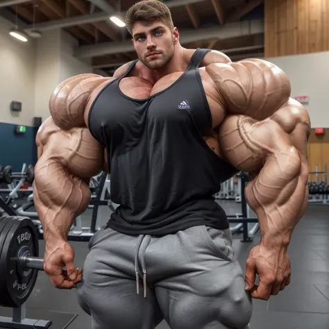 a very handsome man, very big eyes, a little big muscular, defined chest, defined muscles, wearing a black tank top with gray pants, Adidas, standing sideways in a gym, seen close up, exaggeratedly muscular, exaggeratedly huge muscles, exaggeratedly huge b...