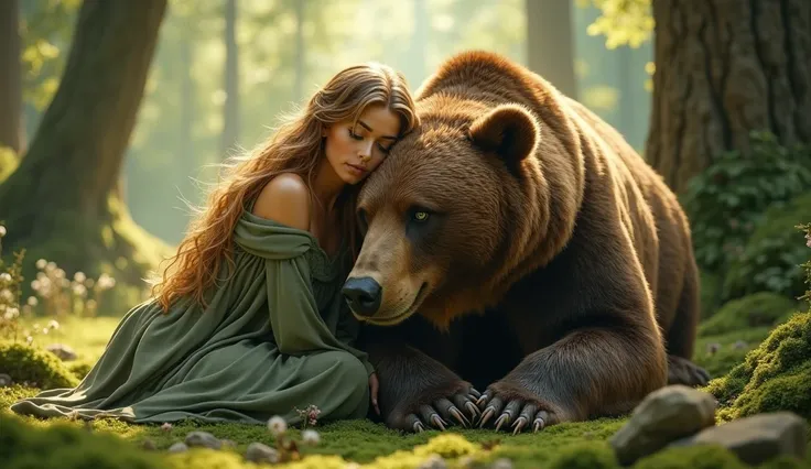 A blonde elf woman with green eyes cuddling with a full sized bear