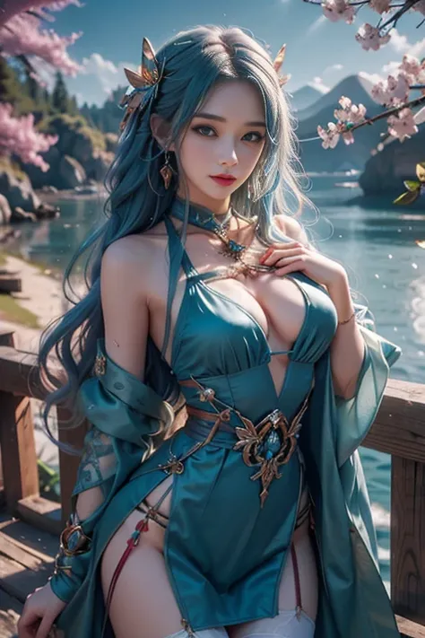 8K, ultra hd, masterpiece, hd colors, 1 girl, perfect face, very long curly hair, detailed eyes, detailed clothing, ((teal clothing)), stocking, ((criss-cross lace)), dark sardine, straps, Pendant, net clothing, loops, bare waist, jwellery, ornaments, wate...