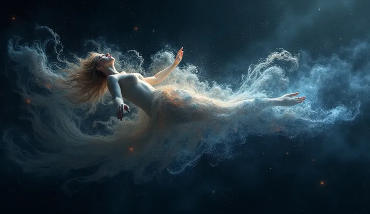 a goddess body floating horizontally, she is the representation of creation her body made of nebulas, dark matter and stars